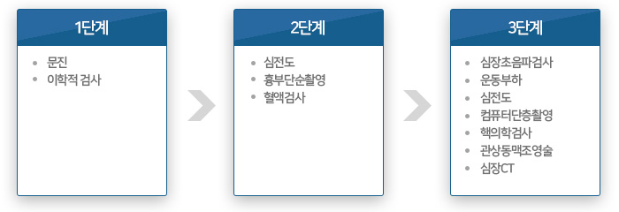 1단계 문진 이학적검사, 2단계 심전도, 흉부단순촬영 , 혈액검사, 3단계, 심장초음파검사, 운동부하, 심전도, 컴퓨터단층촬영, 핵의학검사, 관상동맥조영술, 심장CT